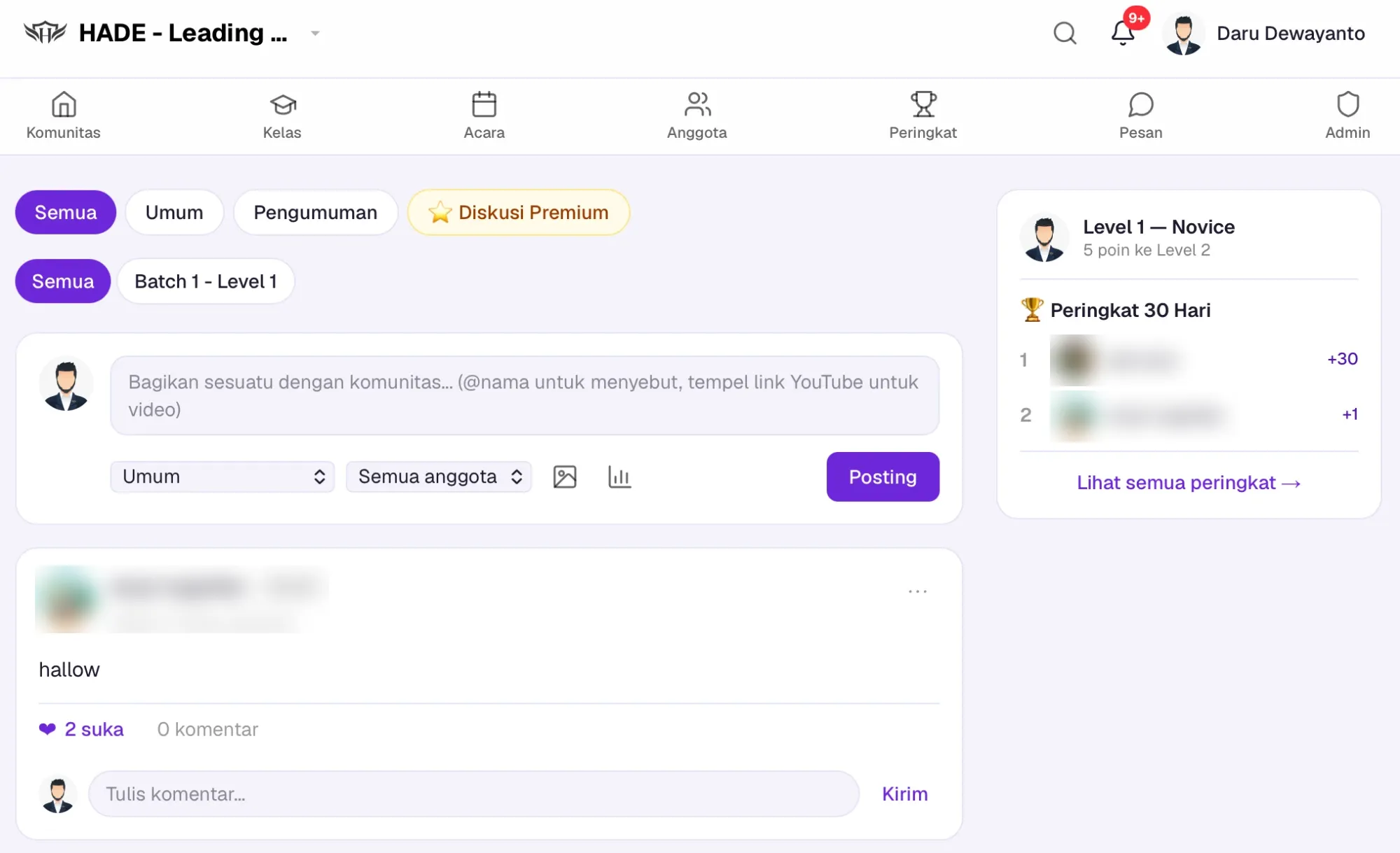 The HADE Community feed: discussion categories, a post composer, member level and the 30-day leaderboard